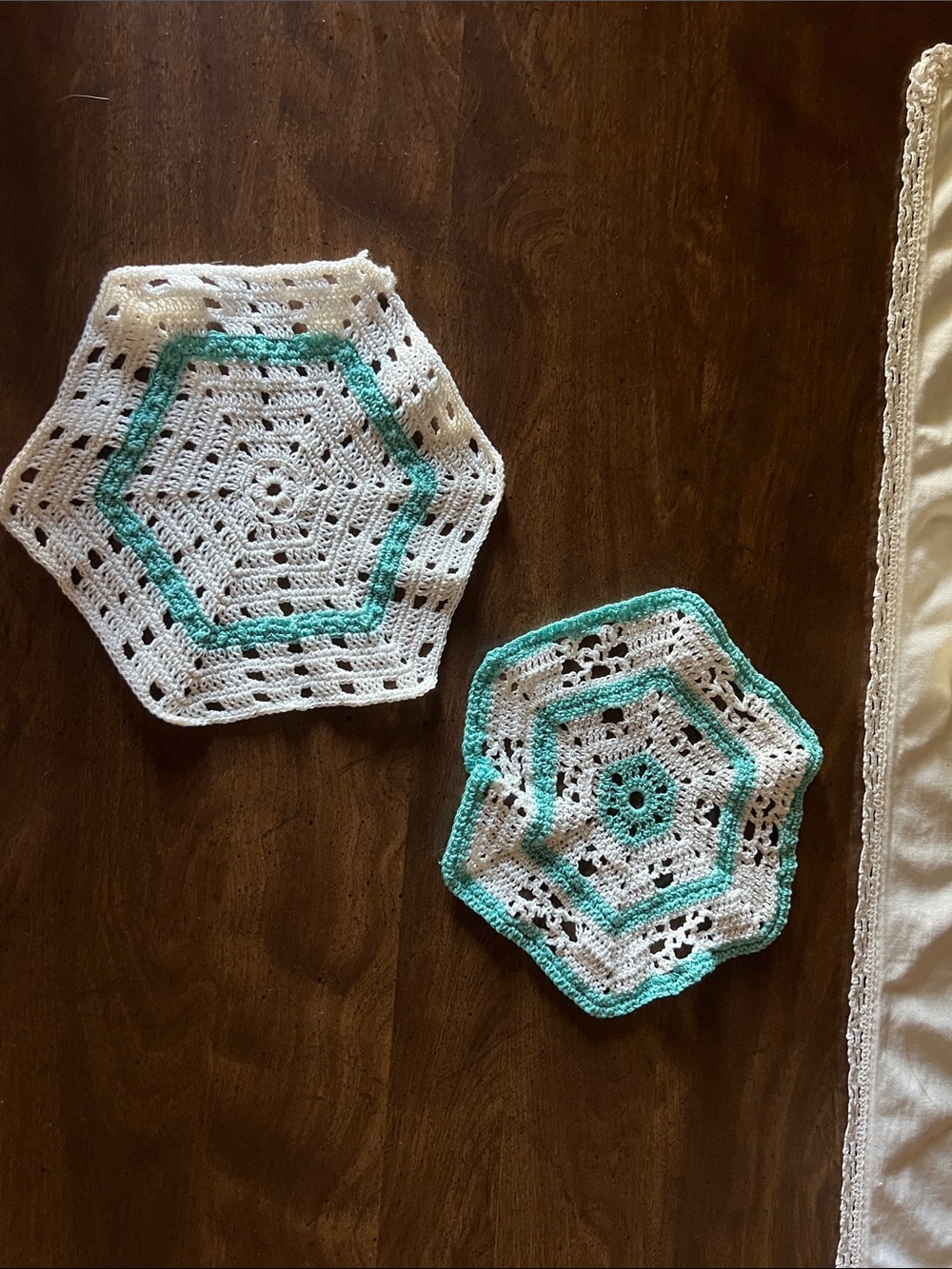 Hand-Crocheted White and Teal Hexagon Bath Doilies